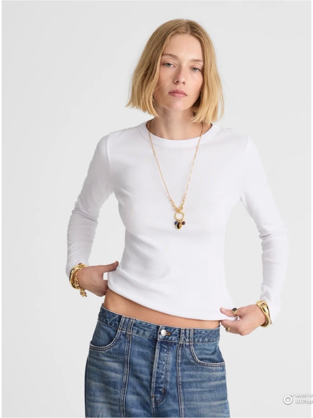 Madewell Medium White ‘90s Long Sleeve Tee in Compact Cotton NWOT FLAWS